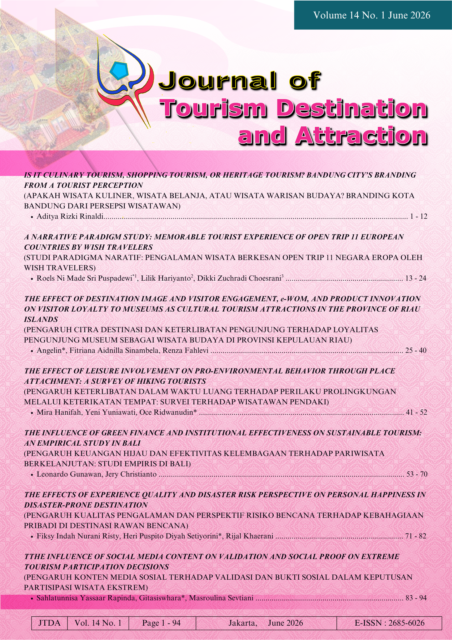 					View Vol. 14 No. 1 (2026): Journal of Tourism Destination and Attraction
				